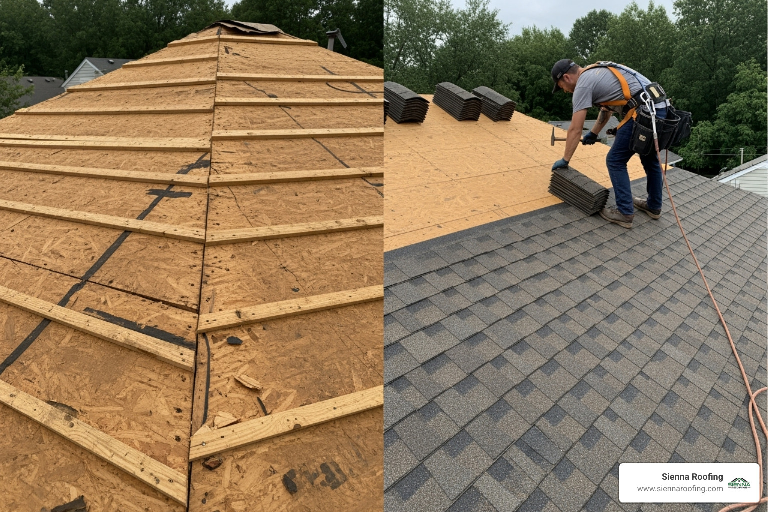 side-by-side comparison graphic showing a clean roof deck after a tear-off versus new shingles being placed over old ones in an overlay - roof tear off cost