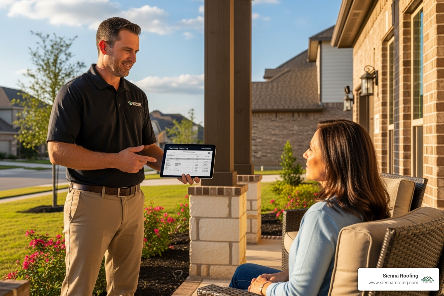 professional roofer from Sienna Roofing providing a detailed estimate to a homeowner in Sugar Land, TX - roof tear off cost