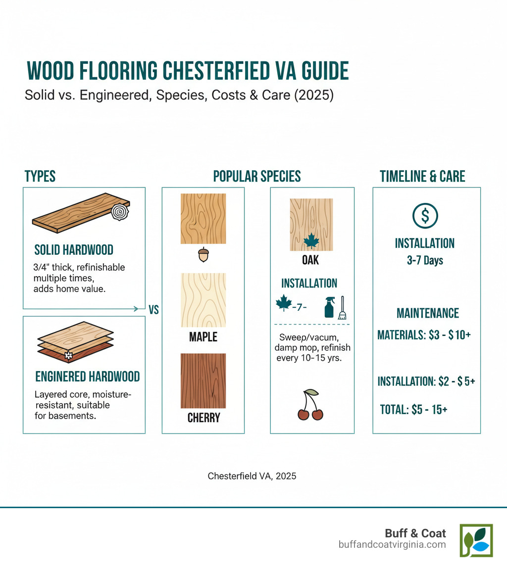 Comprehensive guide to wood flooring options in Chesterfield VA, showing comparison of solid vs engineered hardwood, popular wood species (oak, maple, cherry), installation timeline, maintenance requirements, and average costs per square foot - wood flooring chesterfield va infographic Comprehensive guide to wood flooring options in Chesterfield VA, showing comparison of solid vs engineered hardwood, popular wood species (oak, maple, cherry), installation timeline, maintenance requirements, and average costs per square foot - wood flooring chesterfield va infographic