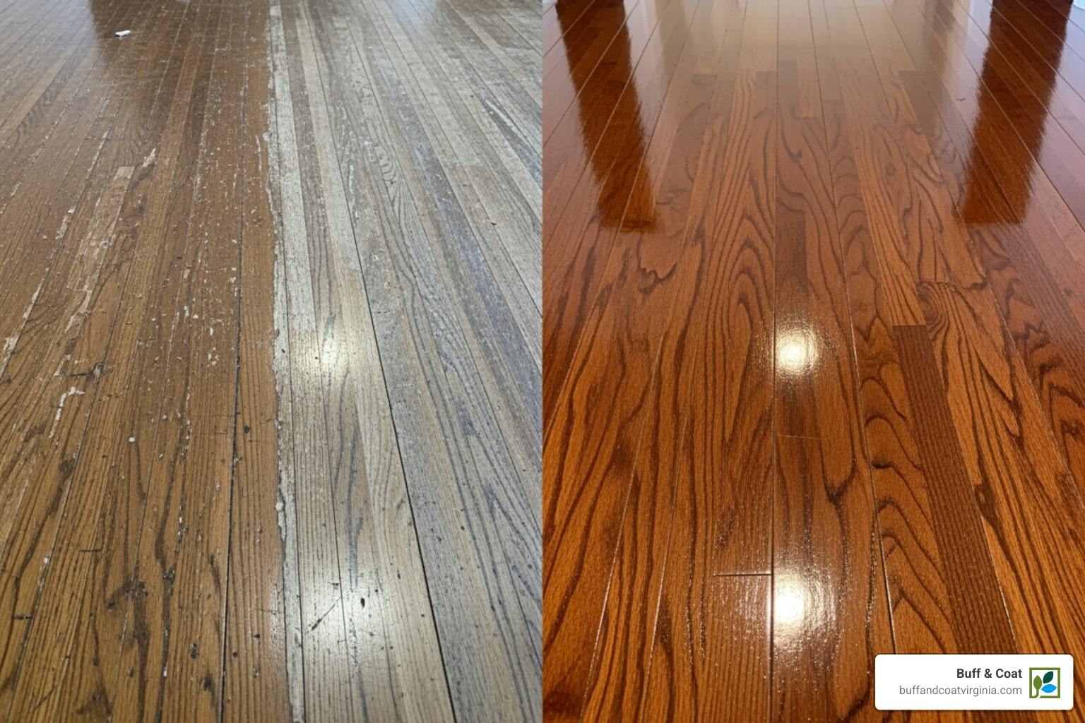 dramatic before-and-after split-screen of a dull, scratched floor transformed into a gleaming, refinished hardwood floor - wood flooring chesterfield va dramatic before-and-after split-screen of a dull, scratched floor transformed into a gleaming, refinished hardwood floor - wood flooring chesterfield va