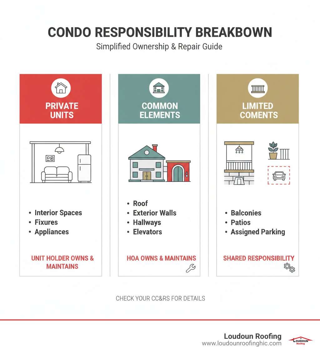 Infographic showing the breakdown of condo responsibility: Private Units (interior spaces, fixtures, appliances owned by unit holder), Common Elements (roof, exterior walls, hallways, elevators owned by HOA), and Limited Common Elements (balconies, patios, assigned parking spaces with shared responsibility) - condo roof repair infographic 