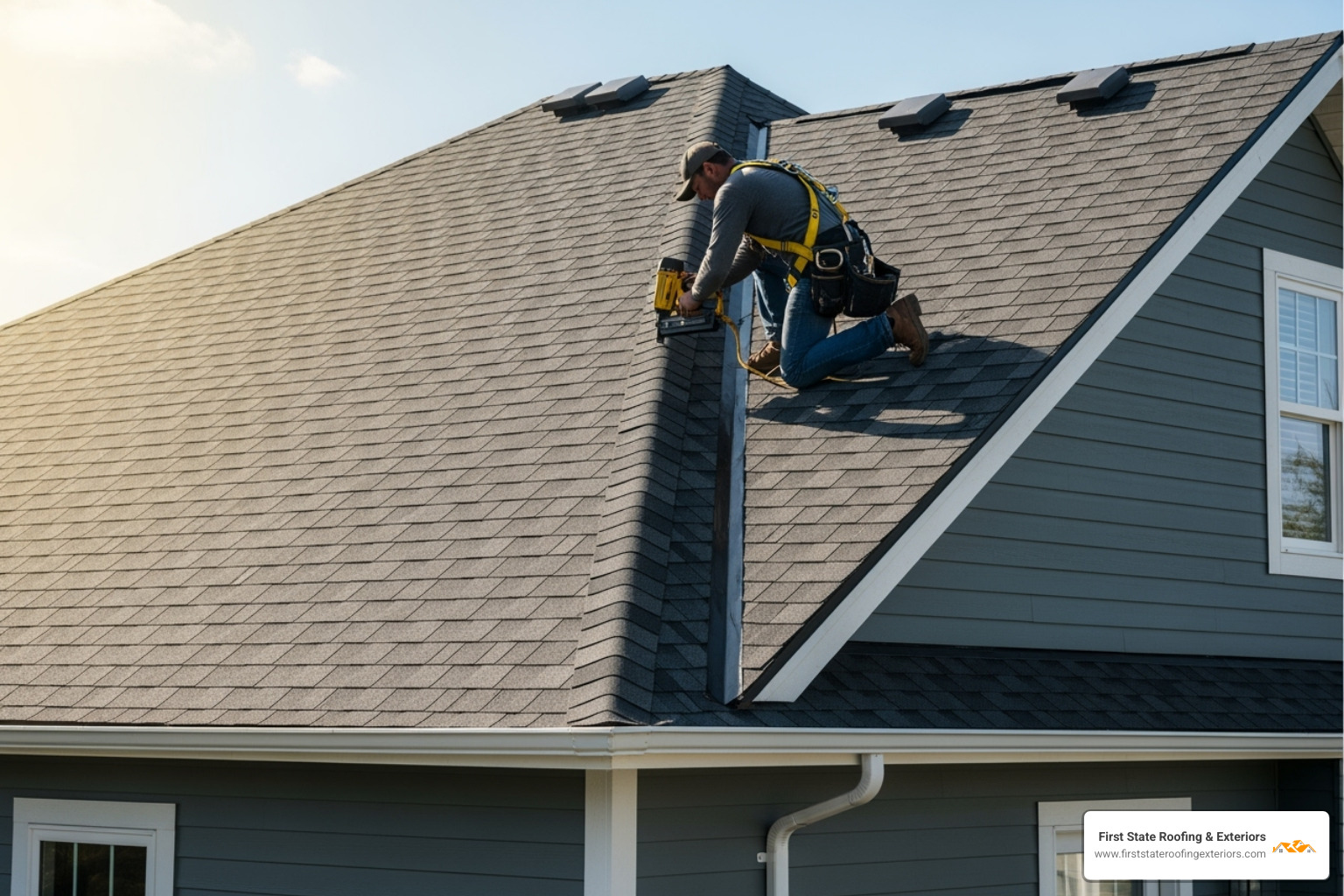 newly installed asphalt shingle roof with a roofer wearing a safety harness - residential exterior services