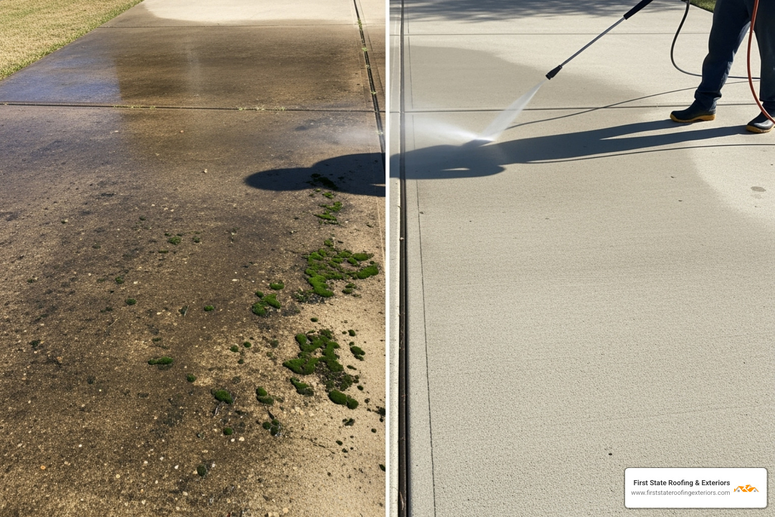 before-and-after comparison of a pressure-washed driveway - residential exterior services