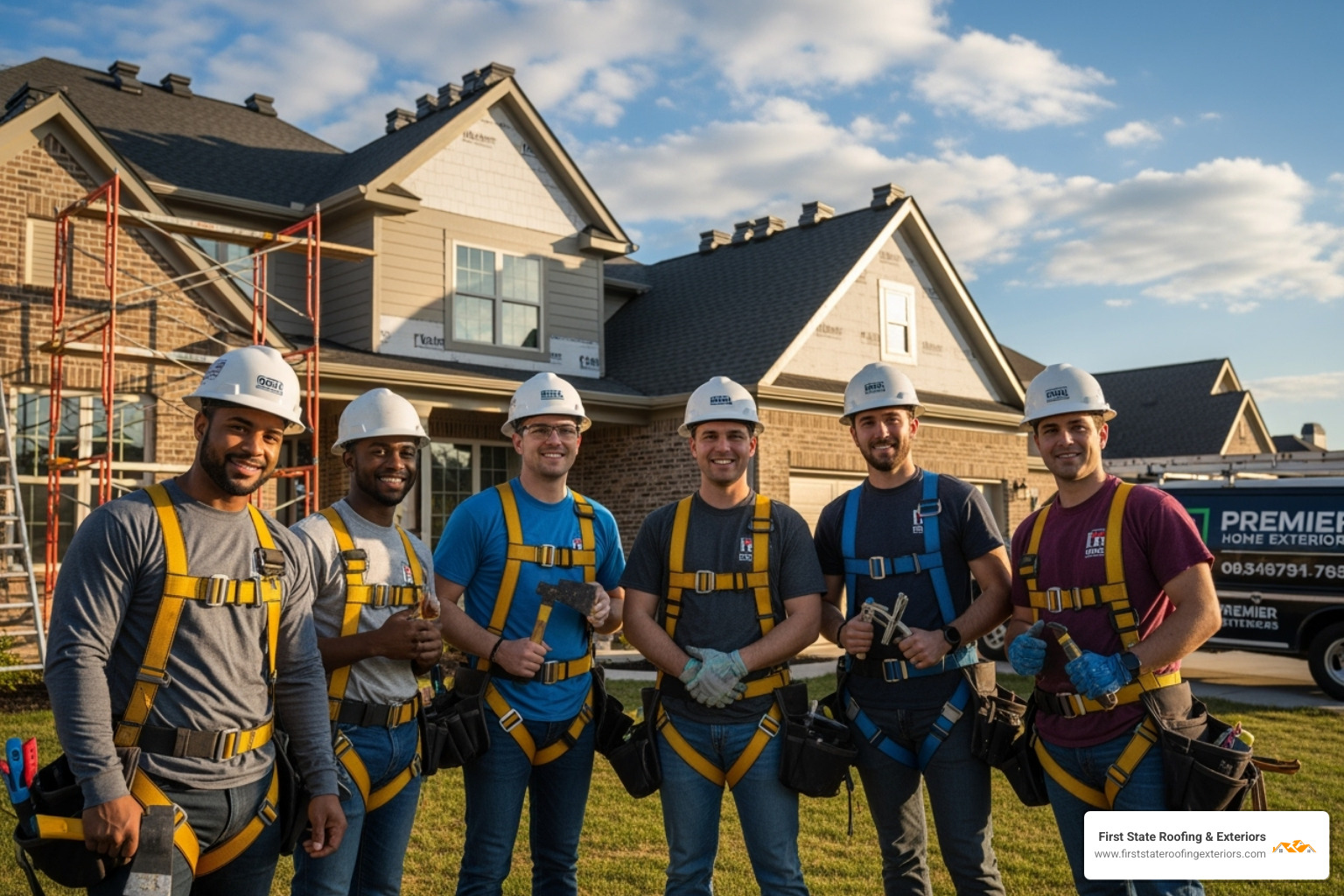 professional and friendly crew on a job site with safety harnesses - residential exterior services