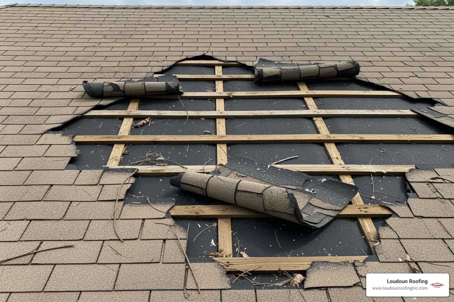 A damaged condo roof with missing shingles and visible wear - condo roof repair