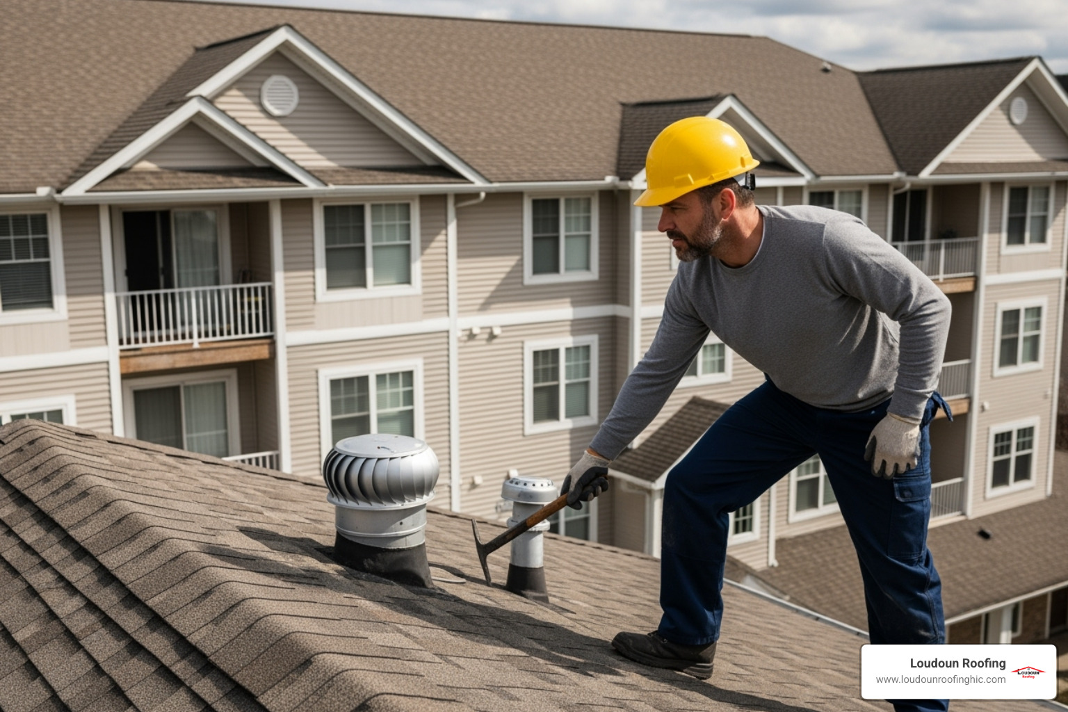 A professional roofer inspecting a multi-family building's roof - condo roof repair