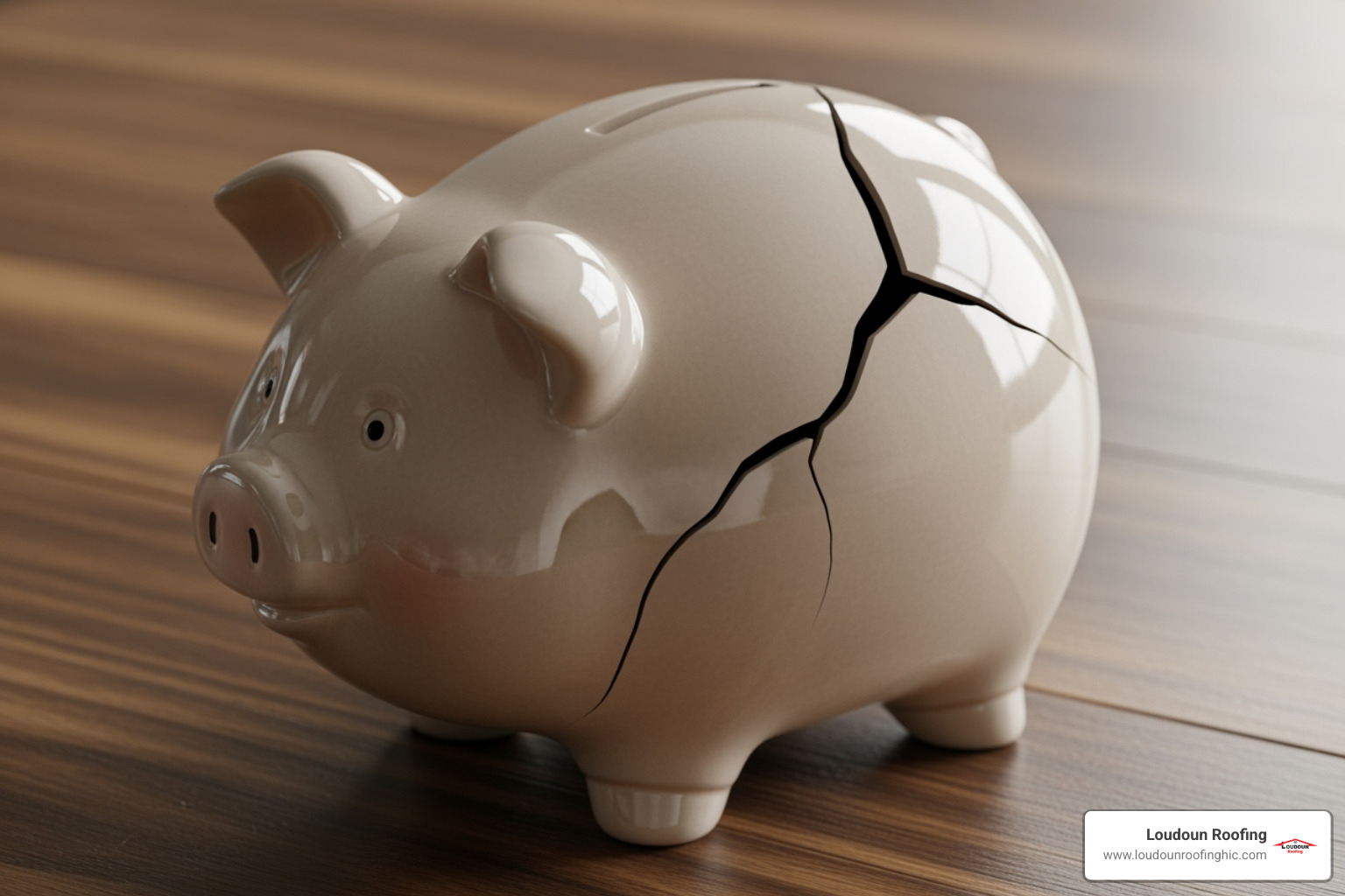 A piggy bank labeled "HOA Reserve Fund" with a crack in it - condo roof repair
