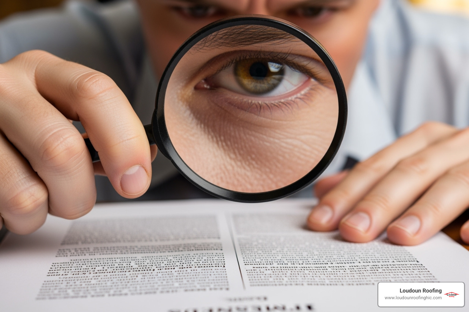 A person reading a dense legal document with a magnifying glass - condo roof repair