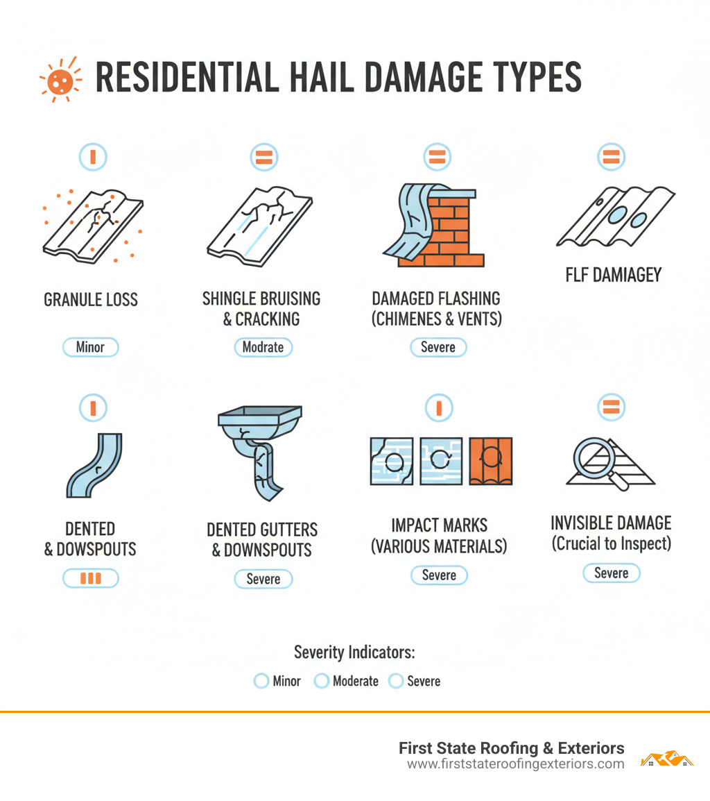 Comprehensive infographic showing types of hail damage on residential roofs including granule loss patterns, shingle bruising and cracking, damaged flashing around chimneys and vents, dented gutters and downspouts, and impact marks on various roofing materials with severity indicators - Hail damage repair infographic 