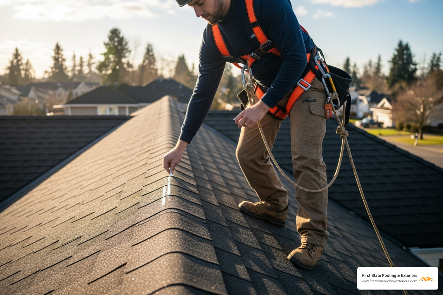 A roofer wearing a safety harness on a residential roof, marking damaged spots on shingles with chalk during a detailed assessment. - Hail damage repair