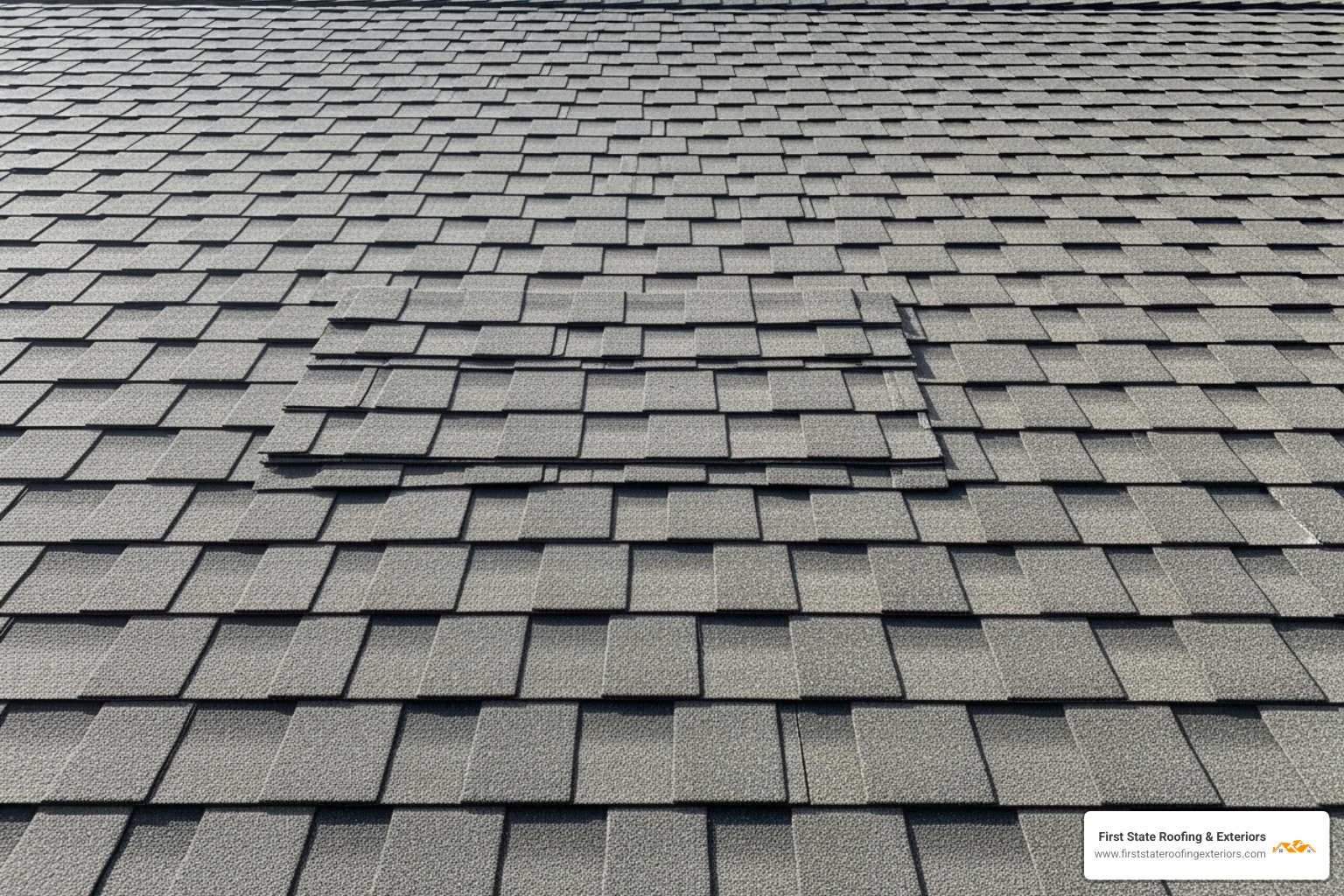 A newly repaired section of an asphalt shingle roof, seamlessly blending with the older shingles, showcasing a high-quality hail damage repair job. - Hail damage repair