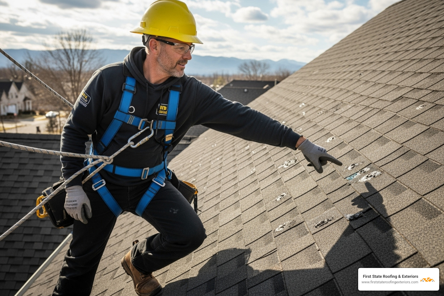 A roofing contractor wearing a safety harness and pointing out subtle hail damage on an asphalt shingle roof. - Hail damage repair