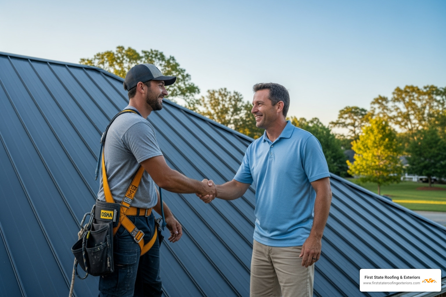 A smiling First State Roofing & Exteriors team member, wearing an OSHA-approved safety harness, shaking hands with a satisfied Lewes homeowner in front of their newly installed metal roof - metal roofing lewes delaware A smiling First State Roofing & Exteriors team member, wearing an OSHA-approved safety harness, shaking hands with a satisfied Lewes homeowner in front of their newly installed metal roof - metal roofing lewes delaware
