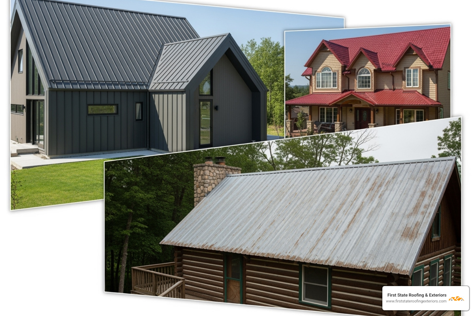 A collage showcasing various styles of metal roofs, including standing seam on a modern home, shingle-profile metal on a traditional house, and corrugated metal on a rustic cabin, illustrating aesthetic versatility - metal roofing lewes delaware A collage showcasing various styles of metal roofs, including standing seam on a modern home, shingle-profile metal on a traditional house, and corrugated metal on a rustic cabin, illustrating aesthetic versatility - metal roofing lewes delaware