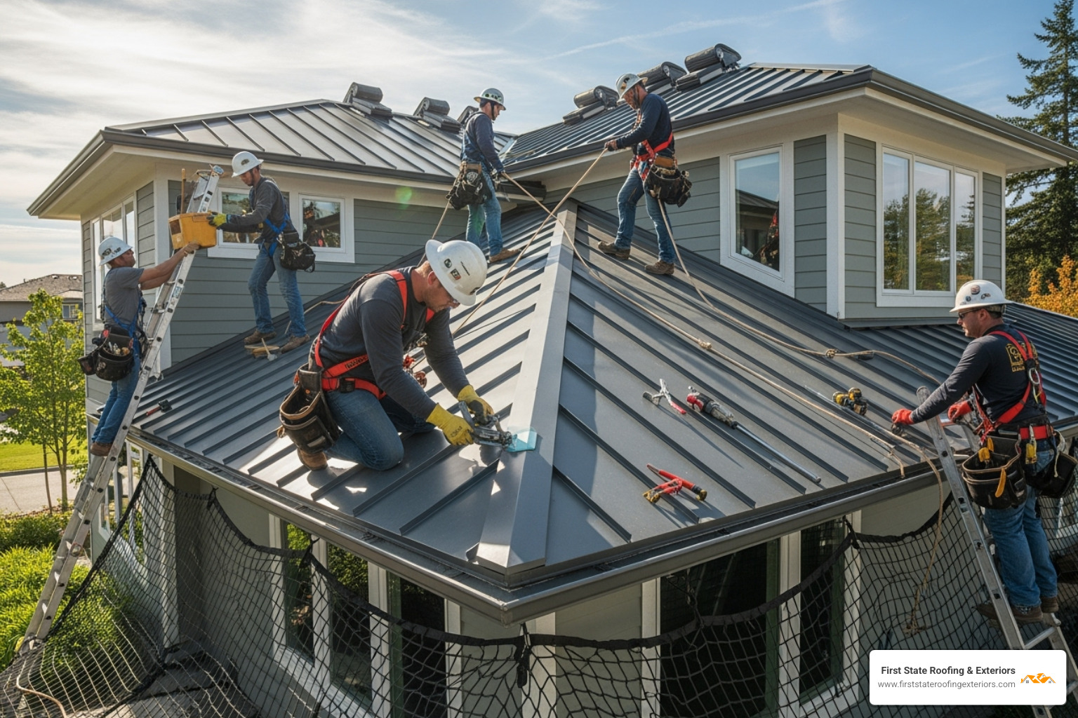 A professional roofing crew, wearing OSHA-approved safety harnesses, carefully installing a standing seam metal roof on a residential building, highlighting their expertise and attention to detail - metal roofing lewes delaware A professional roofing crew, wearing OSHA-approved safety harnesses, carefully installing a standing seam metal roof on a residential building, highlighting their expertise and attention to detail - metal roofing lewes delaware