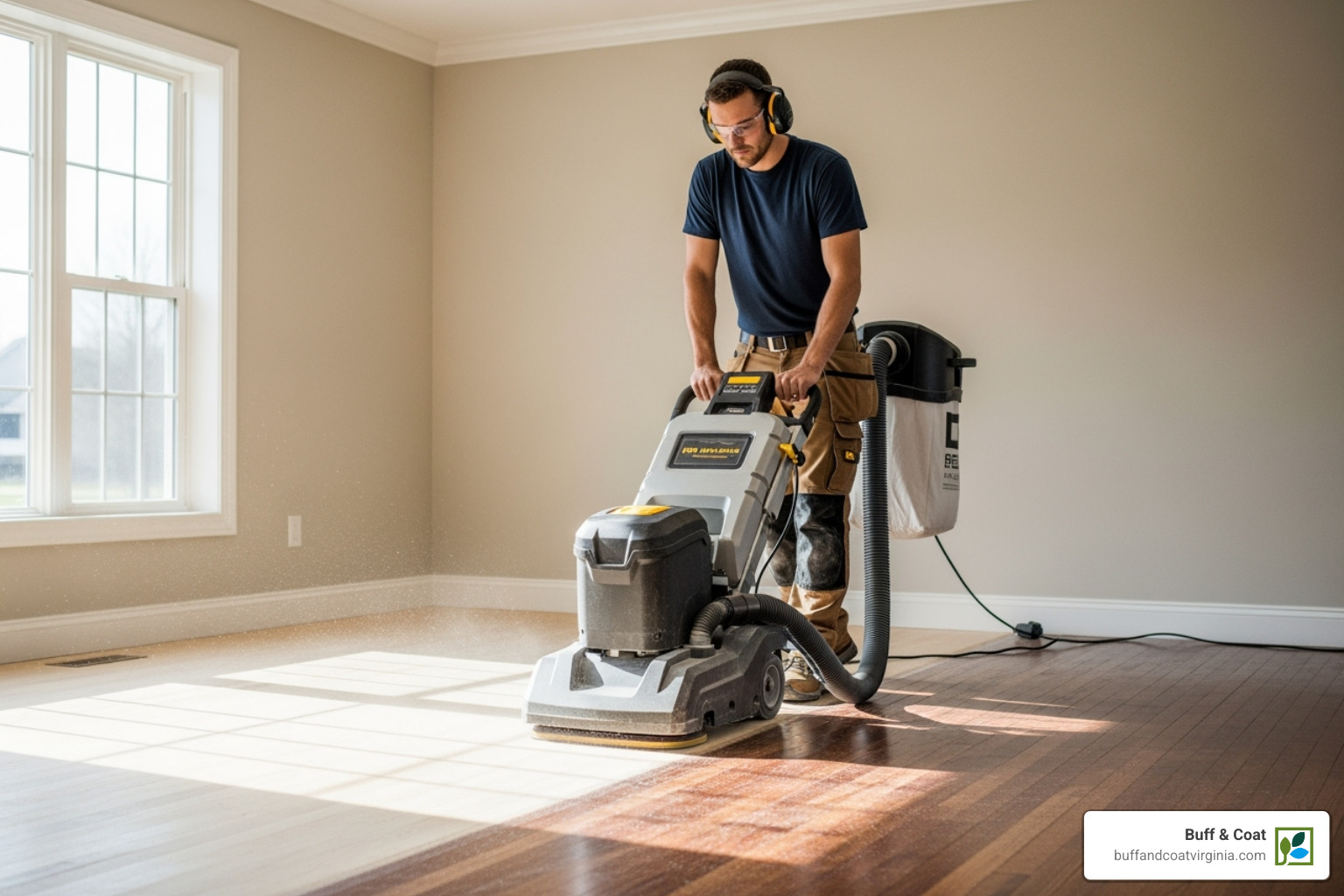 Professional using a modern, dustless sanding machine - wood floor refinishing chesterfield Professional using a modern, dustless sanding machine - wood floor refinishing chesterfield