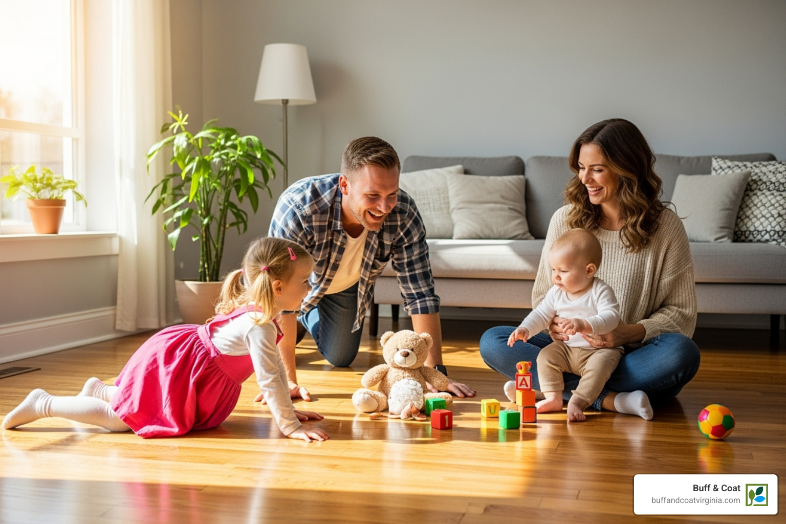 Family enjoying newly refinished hardwood floors - wood floor refinishing chesterfield Family enjoying newly refinished hardwood floors - wood floor refinishing chesterfield