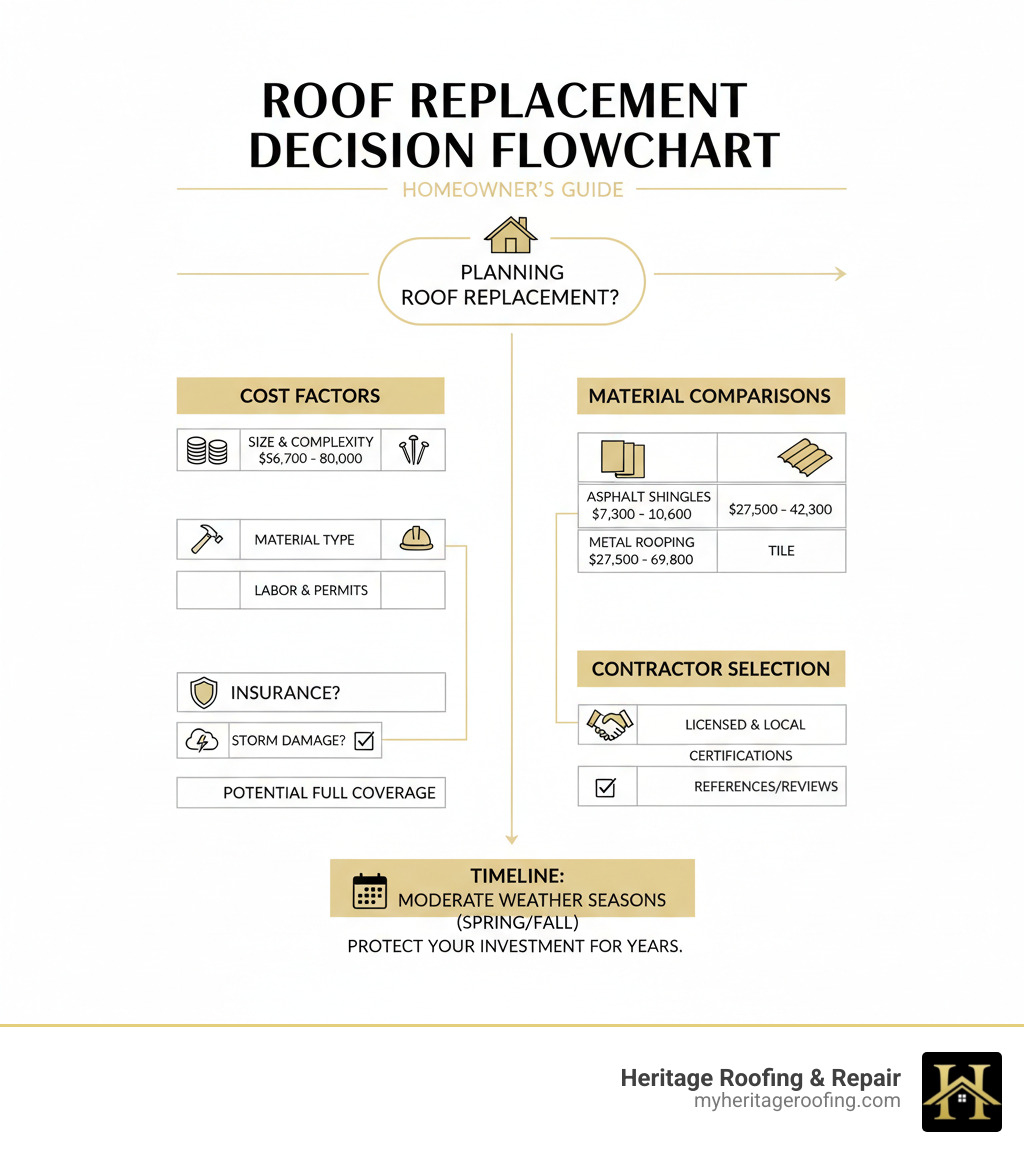 Comprehensive roof replacement decision flowchart showing cost factors, material comparisons, insurance considerations, and contractor selection criteria for homeowners planning a roof replacement project - roof replacement for homeowners infographic 