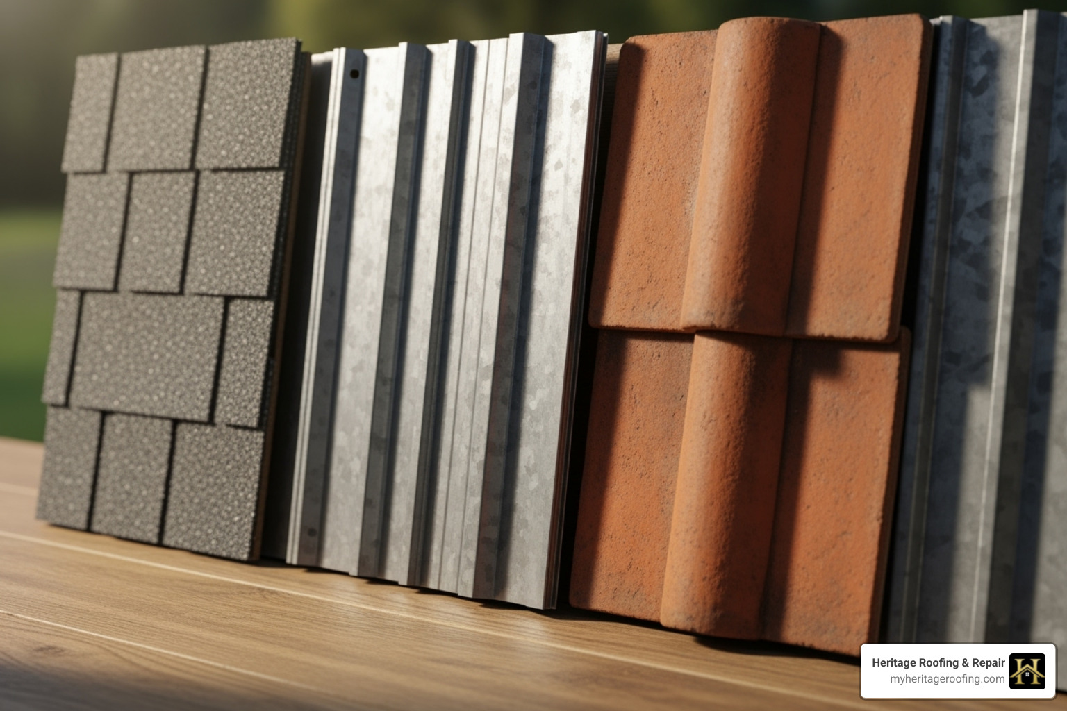 various roofing material samples like asphalt, metal, and tile - roof replacement for homeowners