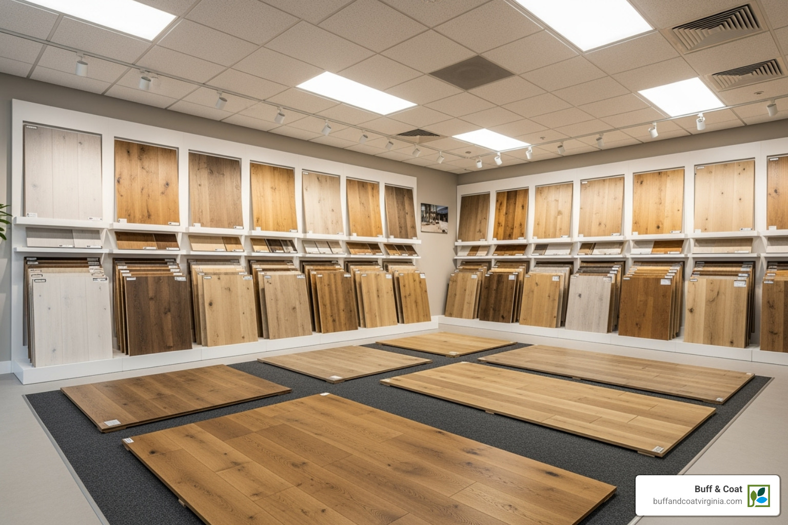 of a flooring showroom with samples of hardwood and engineered wood - Flooring contractors Chesterfield of a flooring showroom with samples of hardwood and engineered wood - Flooring contractors Chesterfield