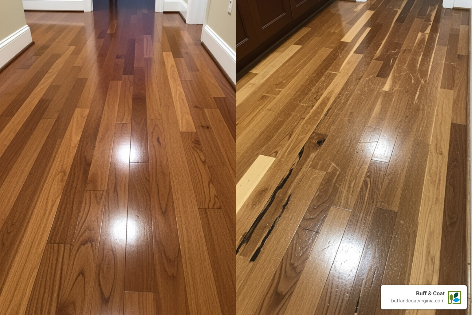 comparing a professional hardwood floor installation/refinishing with a flawed DIY attempt - Flooring contractors Chesterfield comparing a professional hardwood floor installation/refinishing with a flawed DIY attempt - Flooring contractors Chesterfield