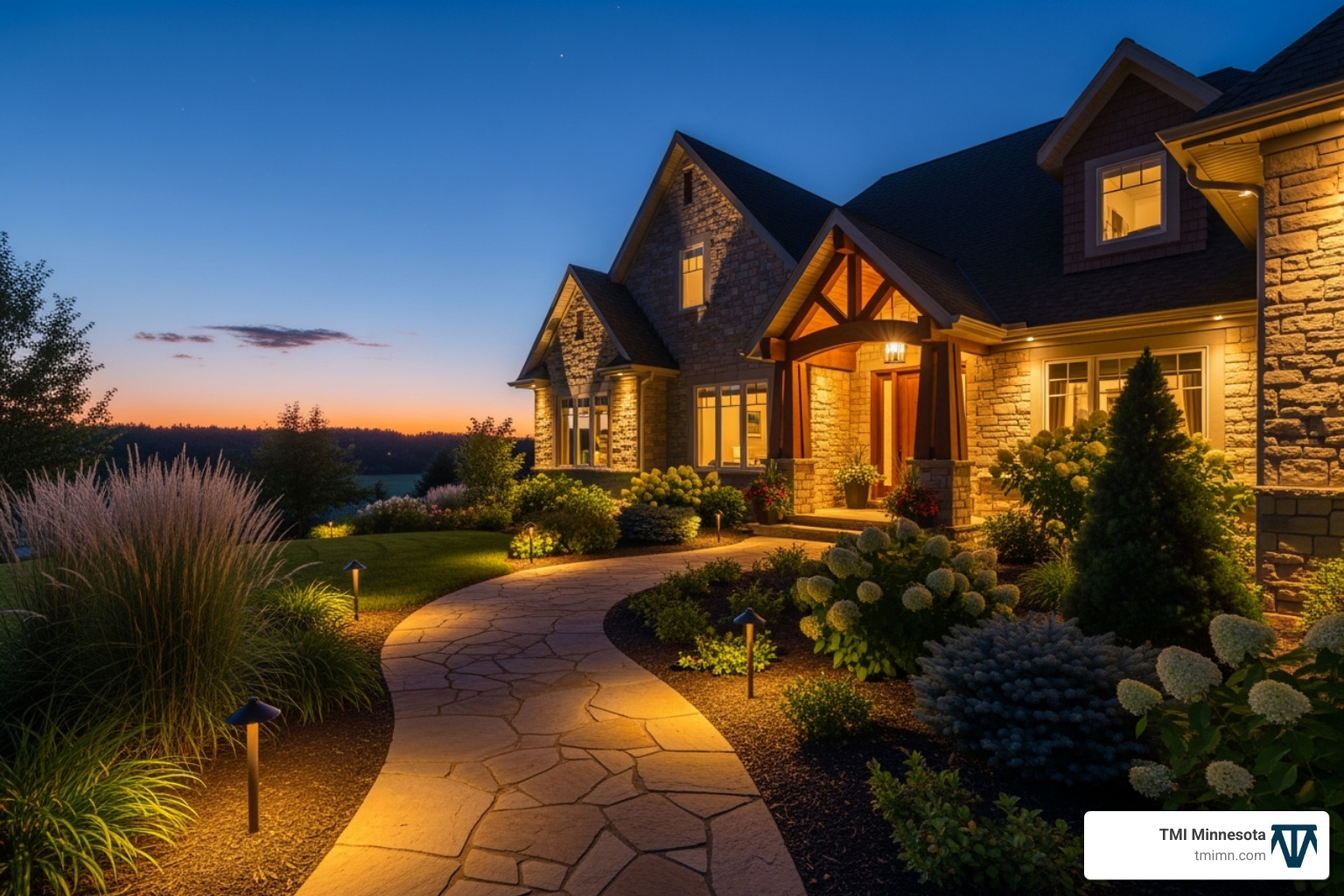 A beautifully lit front yard at dusk, with subtle landscape lighting illuminating the stone pathway, highlighting architectural features of the house, and casting a warm glow on the surrounding plants. - landscape front yard A beautifully lit front yard at dusk, with subtle landscape lighting illuminating the stone pathway, highlighting architectural features of the house, and casting a warm glow on the surrounding plants. - landscape front yard