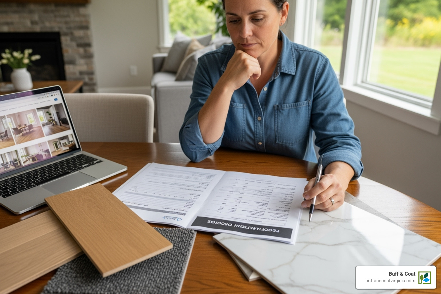 person reviewing flooring installation quote - chesterfield wood floor installation service person reviewing flooring installation quote - chesterfield wood floor installation service