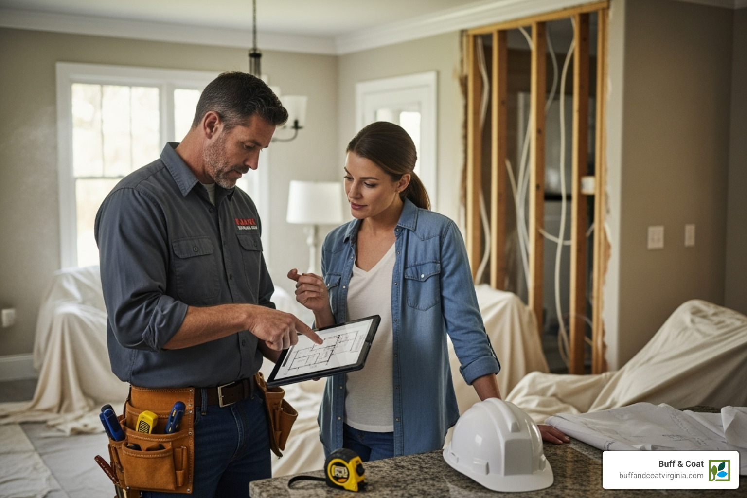 contractor discussing plans with homeowner - chesterfield wood floor installation service contractor discussing plans with homeowner - chesterfield wood floor installation service