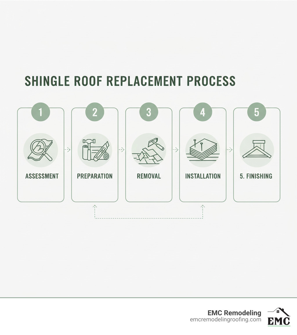 Detailed infographic showing the complete shingle roof replacement process: assessment phase with damaged shingle identification, preparation phase with tool and material selection, removal phase showing old shingle tear-off, installation phase with underlayment and new shingle placement, and finishing phase with flashing and ridge cap installation - shingle roof replacement infographic Detailed infographic showing the complete shingle roof replacement process: assessment phase with damaged shingle identification, preparation phase with tool and material selection, removal phase showing old shingle tear-off, installation phase with underlayment and new shingle placement, and finishing phase with flashing and ridge cap installation - shingle roof replacement infographic