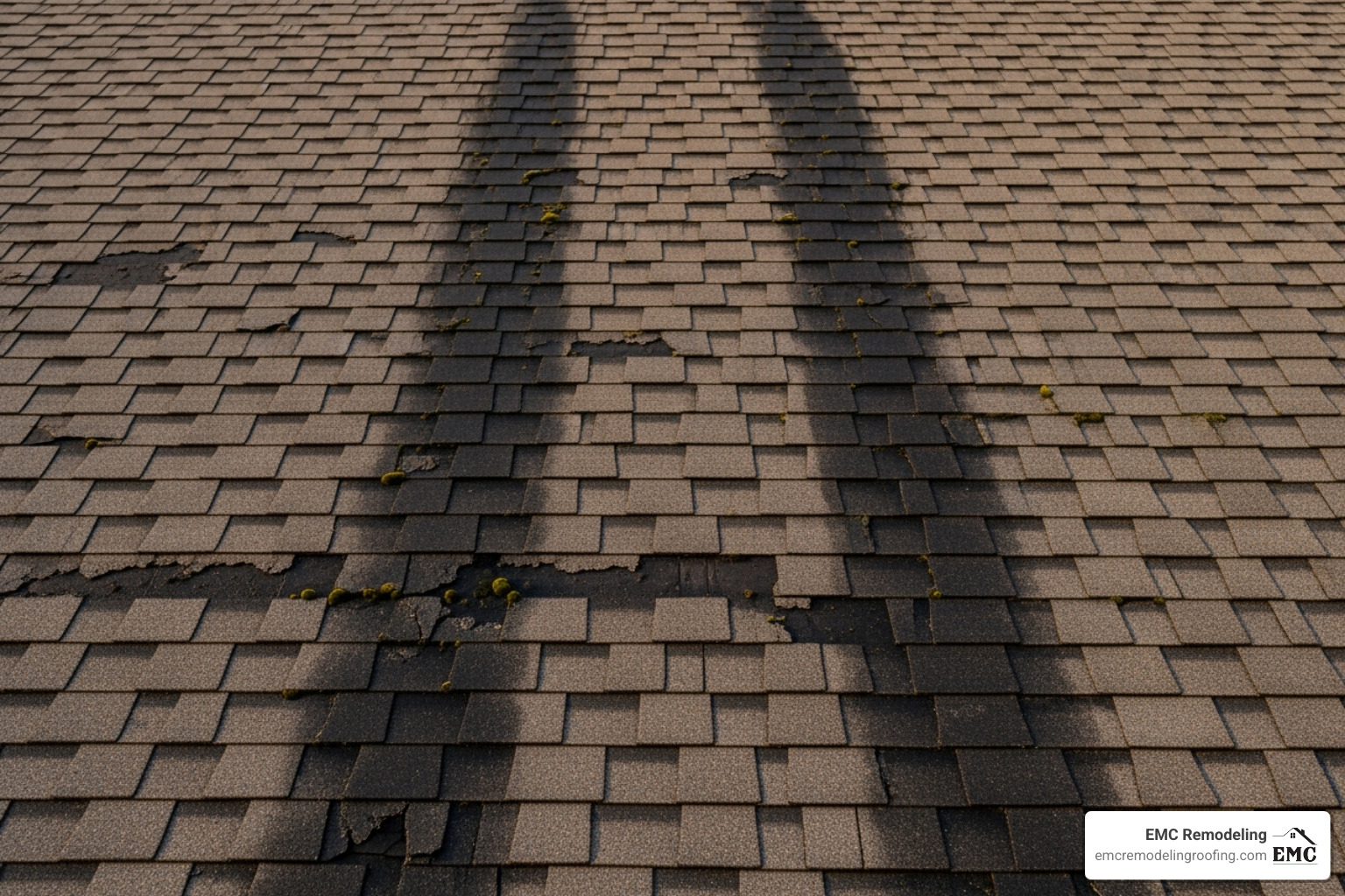 Dark algae streaks and granule loss on an old shingle roof - shingle roof replacement Dark algae streaks and granule loss on an old shingle roof - shingle roof replacement