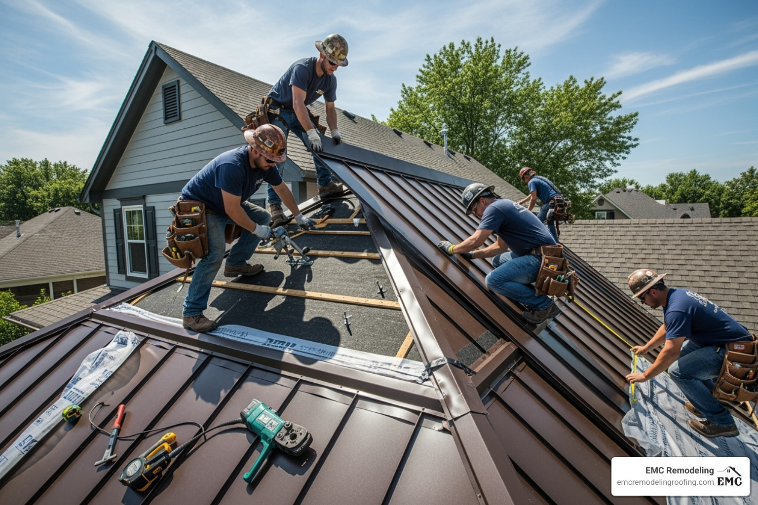 Professional roofing crew carefully installing a standing seam metal panel on a residential roof - standing seam roof installers near me