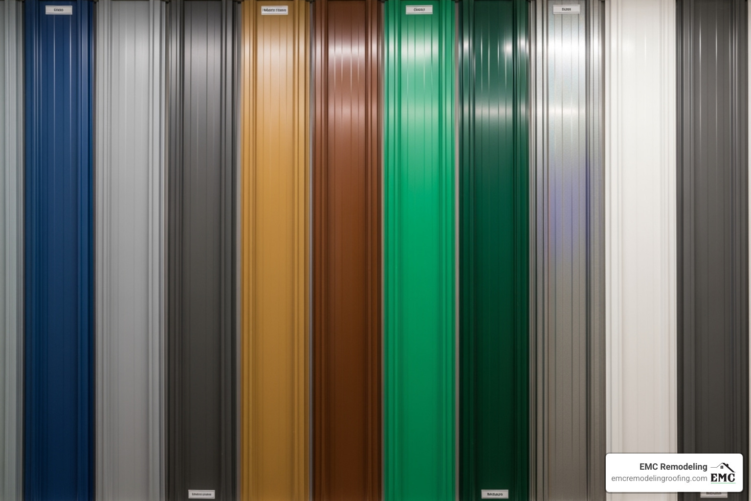 Array of metal roof panels in various colors and finishes, showcasing customization options - standing seam roof installers near me