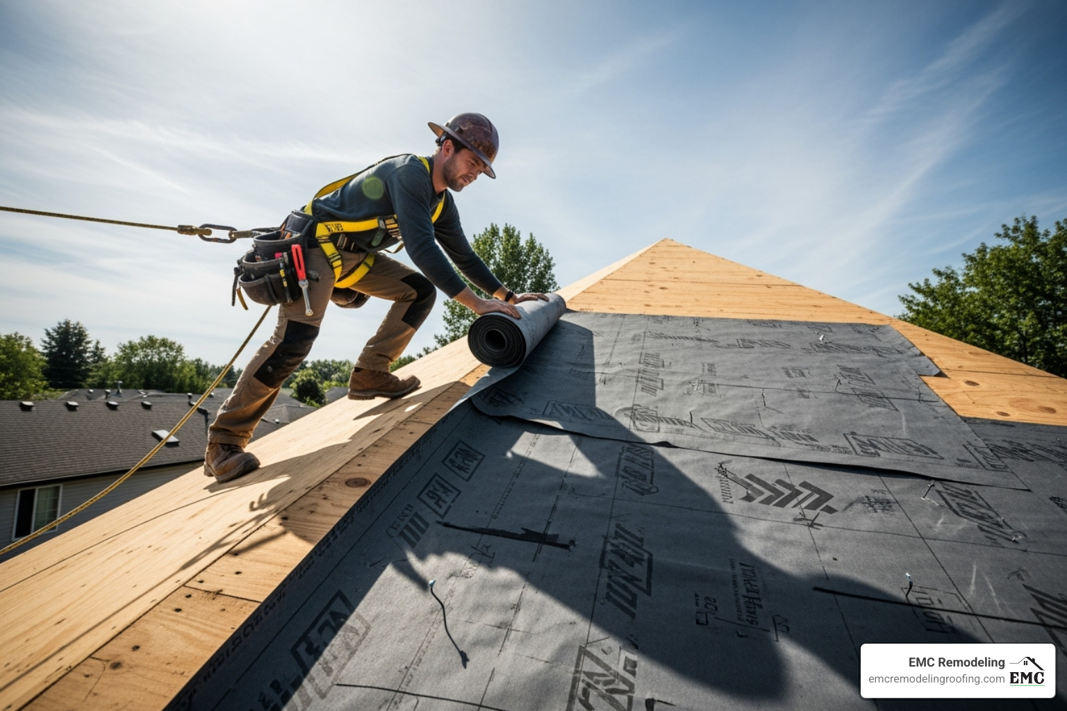 A roofer rolling out synthetic underlayment on a clean roof deck - shingle roof replacement A roofer rolling out synthetic underlayment on a clean roof deck - shingle roof replacement