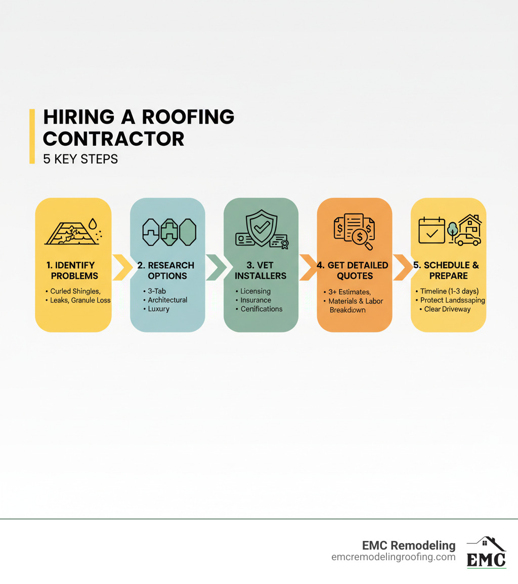 Infographic showing the 5 key steps to hiring a roofing contractor: Step 1 - Identify Roof Problems (look for curled shingles, leaks, granule loss), Step 2 - Research Shingle Options (3-tab vs architectural vs luxury), Step 3 - Vet Local Installers (check licensing, insurance, certifications), Step 4 - Get Detailed Quotes (compare 3+ estimates with materials and labor breakdown), Step 5 - Schedule and Prepare (timeline 1-3 days, protect landscaping, clear driveway) - shingle roof installers near me infographic 