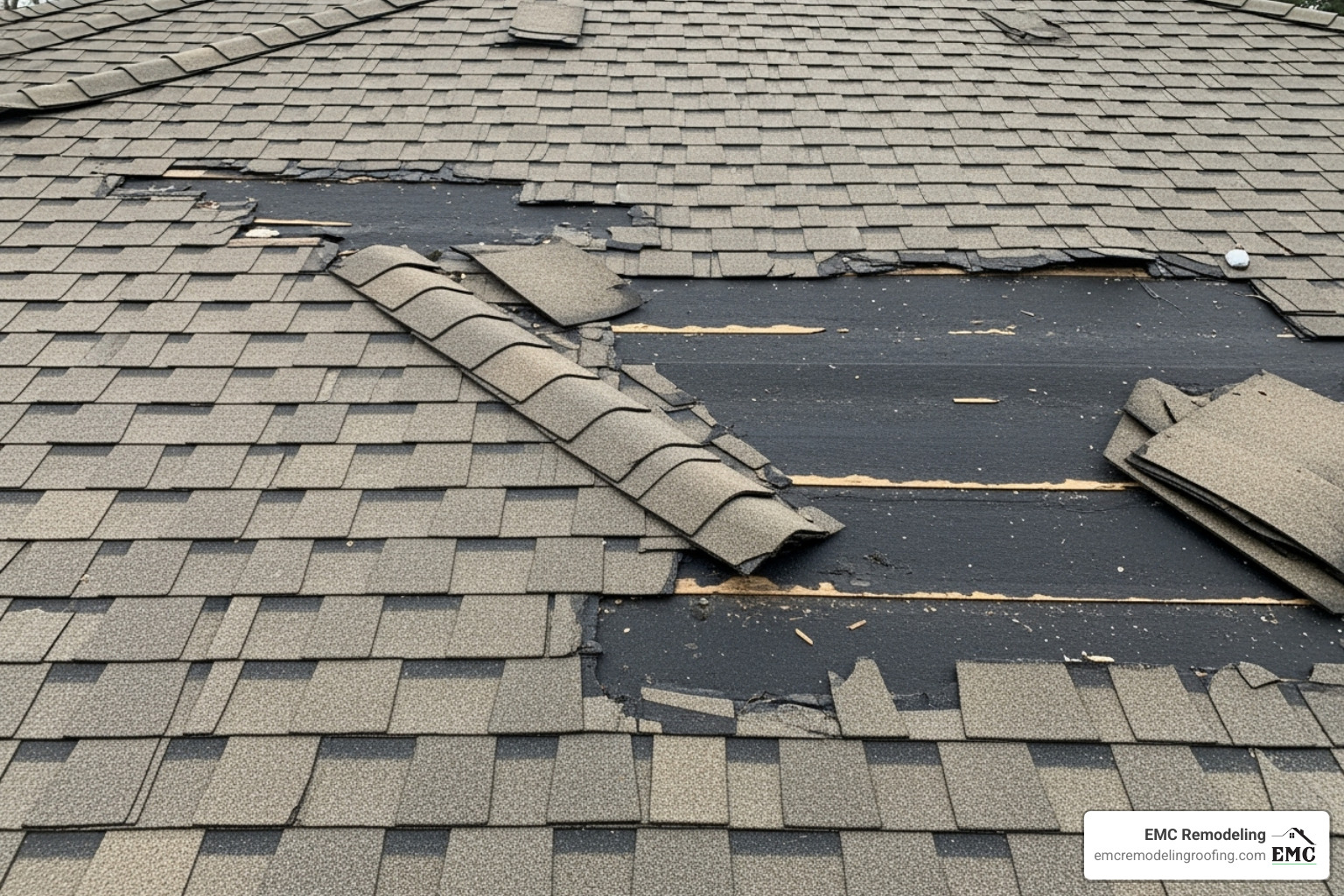 clear signs of roof damage like curled shingles and missing granules - shingle roof installers near me