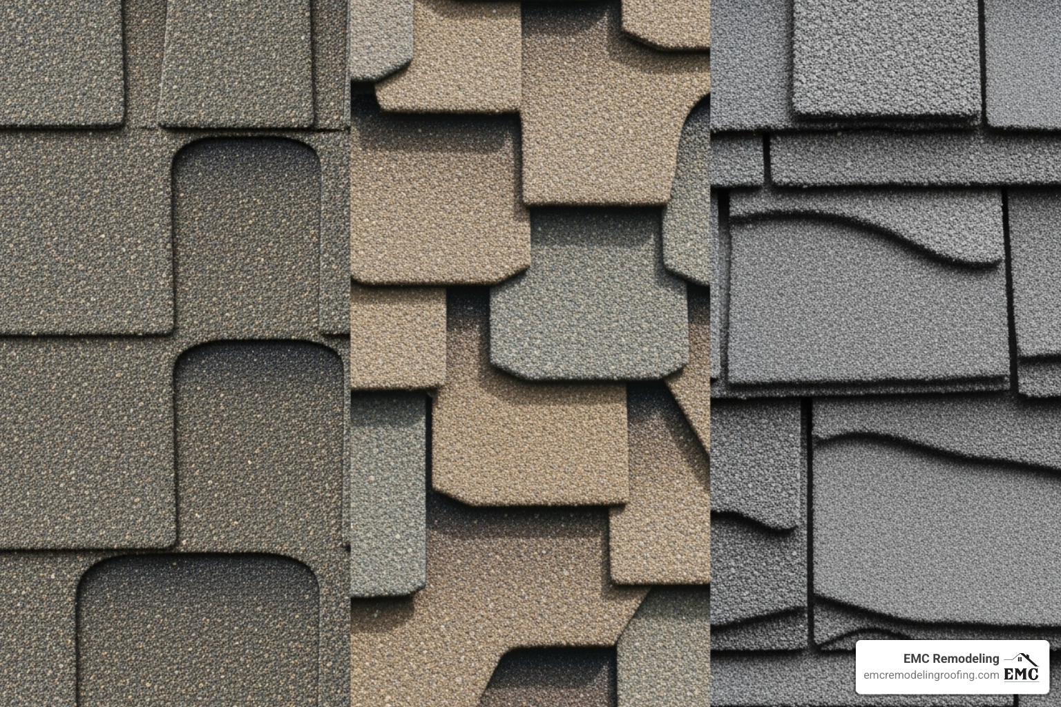close-up comparison of 3-tab, architectural, and luxury shingles - shingle roof installers near me
