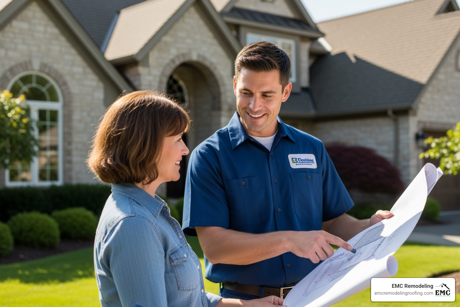 friendly roofing contractor discussing plans with a homeowner - shingle roof installers near me