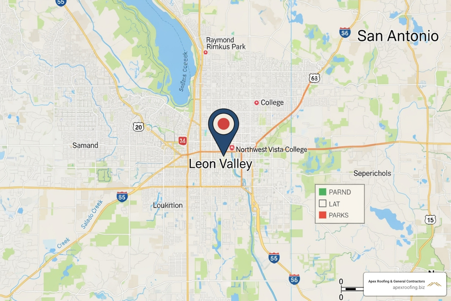 A map highlighting the city of Leon Valley, Texas, emphasizing local presence. - roofers Leon Valley A map highlighting the city of Leon Valley, Texas, emphasizing local presence. - roofers Leon Valley