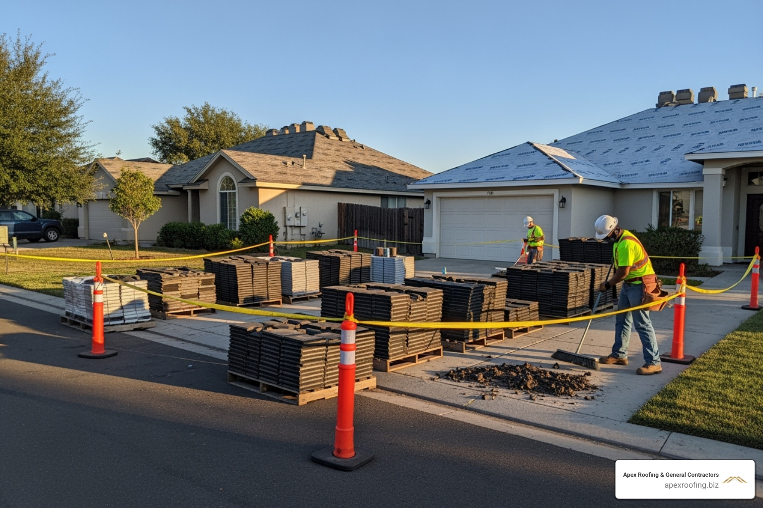 A clean and organized roofing job site, showing safety cones, neatly stacked materials, and a crew member sweeping up debris. - roofers Leon Valley A clean and organized roofing job site, showing safety cones, neatly stacked materials, and a crew member sweeping up debris. - roofers Leon Valley