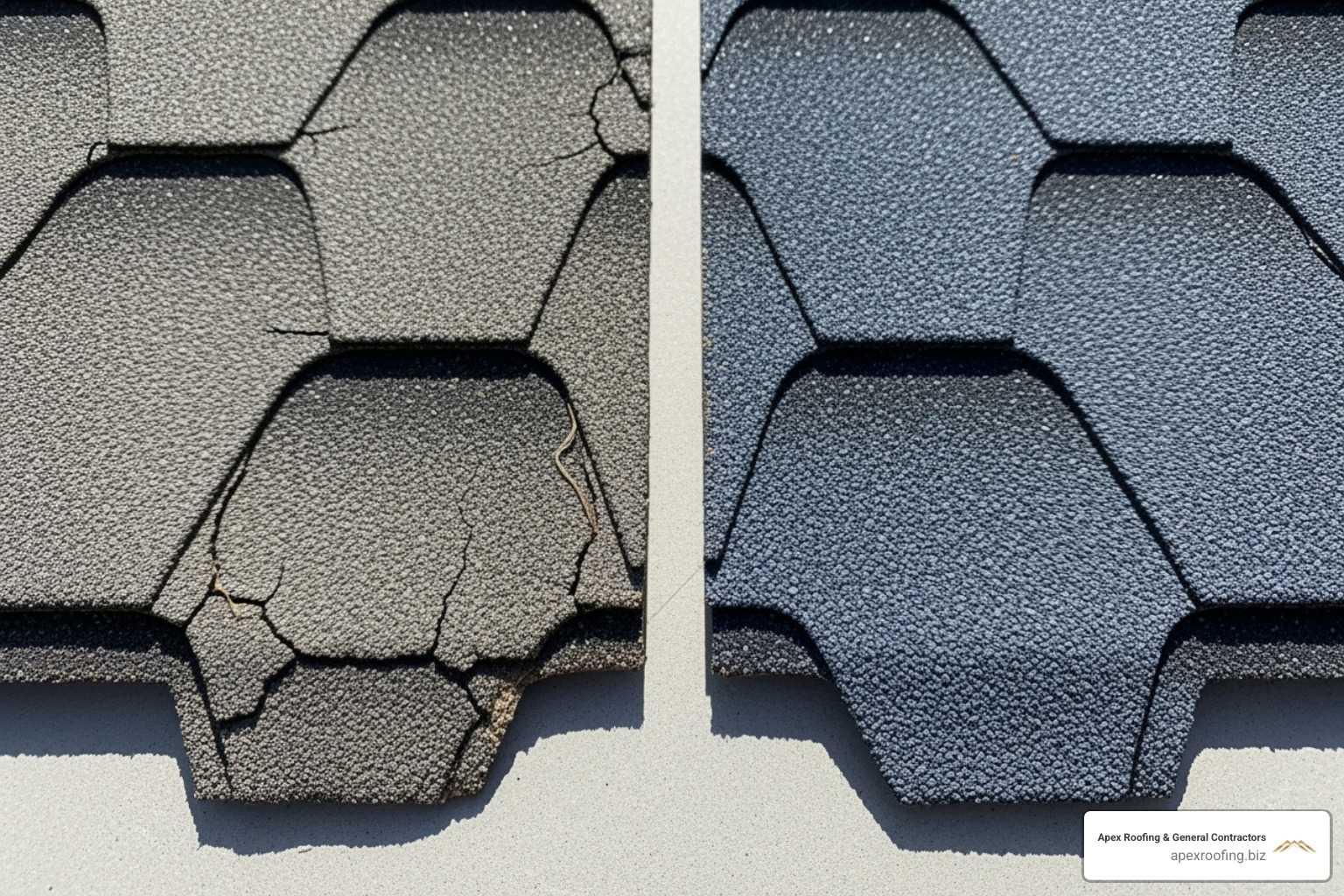 A close-up of a weather-beaten, sun-damaged shingle next to a pristine, new shingle, illustrating the impact of the elements. - roofers Leon Valley A close-up of a weather-beaten, sun-damaged shingle next to a pristine, new shingle, illustrating the impact of the elements. - roofers Leon Valley
