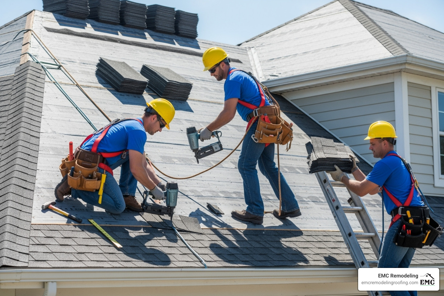 roofing crew safely working on a roof installation project - shingle roof installers near me