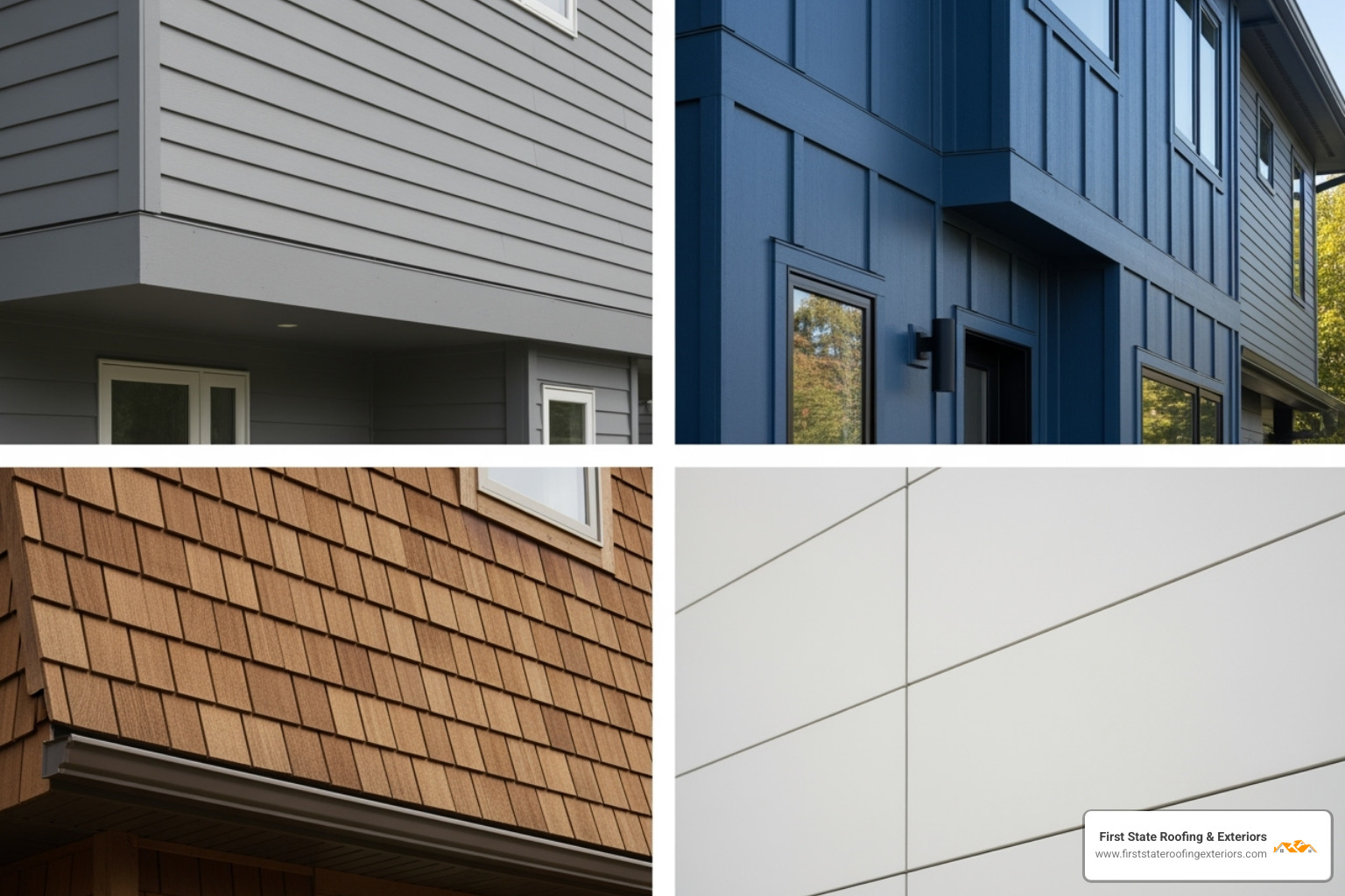 Collage showcasing different fiber cement siding styles: lap siding, vertical siding, shingles, and large format panels - fiber cement siding