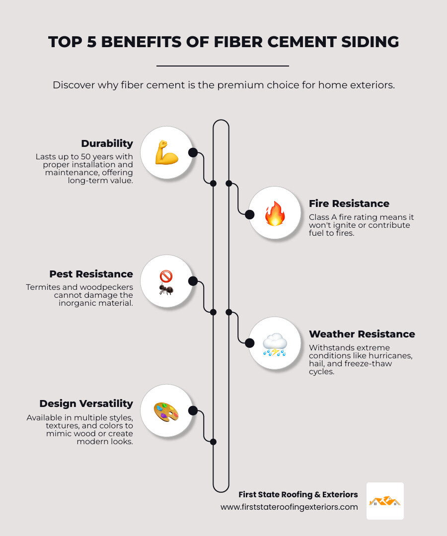 Infographic showing the top 5 benefits of fiber cement siding: 1. Durability - lasts up to 50 years with proper installation and maintenance, 2. Fire Resistance - Class A fire rating, non-combustible material won't ignite, 3. Pest Resistance - termites and woodpeckers cannot damage the inorganic material, 4. Weather Resistance - withstands hurricanes up to 130 mph, hail damage, and freeze-thaw cycles, 5. Design Versatility - available in lap siding, shingles, panels, multiple textures and colors - fiber cement siding infographic infographic-line-5-steps-neat_beige
