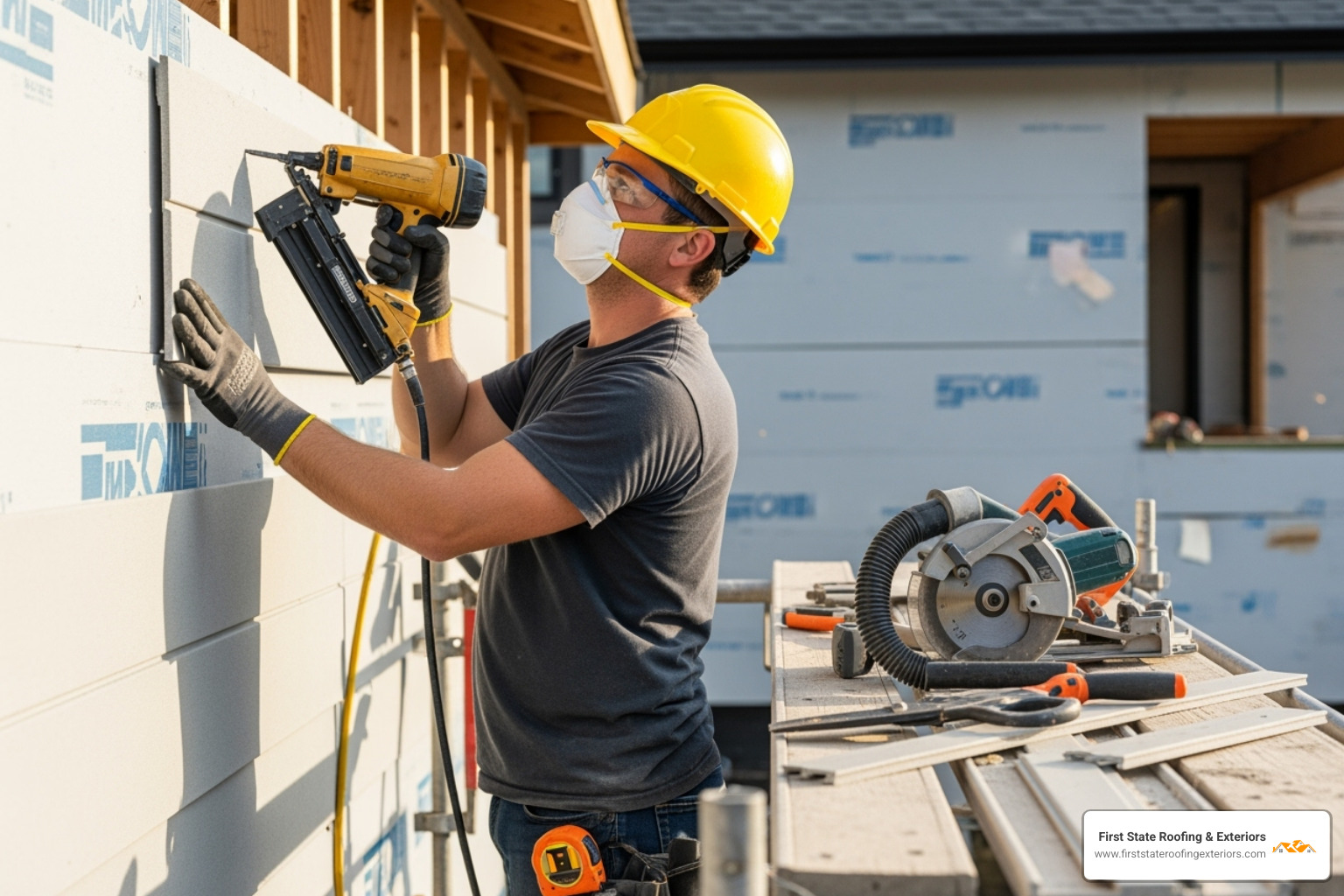 Professional installing fiber cement siding, wearing proper safety gear - fiber cement siding