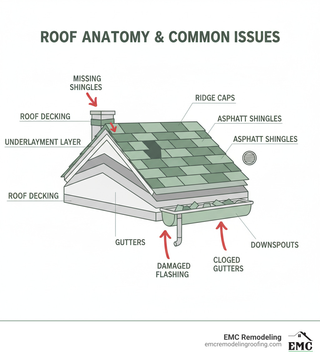 Detailed infographic showing roof anatomy with labeled components including roof decking, underlayment layer, asphalt shingles, metal flashing around chimneys and vents, ridge caps, gutters, and downspouts, with arrows pointing to common problem areas like missing shingles, damaged flashing, and clogged gutters - local roof repair infographic Detailed infographic showing roof anatomy with labeled components including roof decking, underlayment layer, asphalt shingles, metal flashing around chimneys and vents, ridge caps, gutters, and downspouts, with arrows pointing to common problem areas like missing shingles, damaged flashing, and clogged gutters - local roof repair infographic