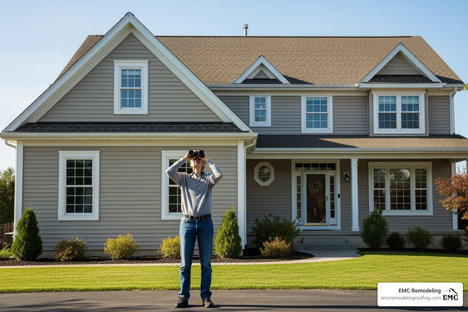 homeowner inspecting their roof from the ground with binoculars - local roof repair homeowner inspecting their roof from the ground with binoculars - local roof repair