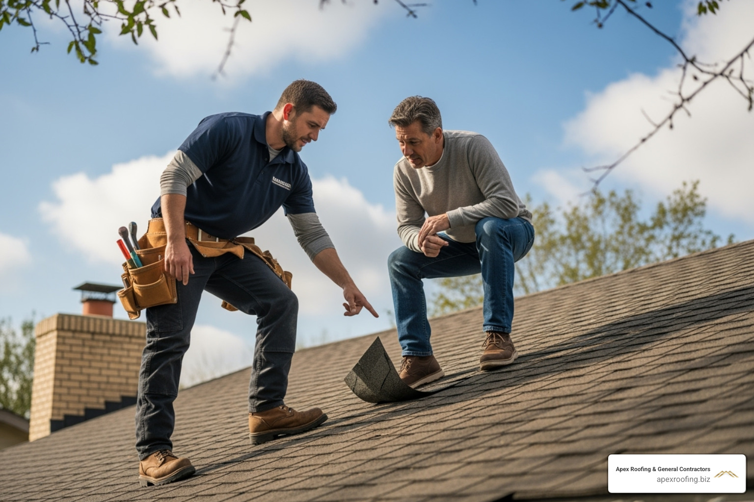 Roofer pointing out a small area of damage to a homeowner - free roof inspection San Antonio Roofer pointing out a small area of damage to a homeowner - free roof inspection San Antonio