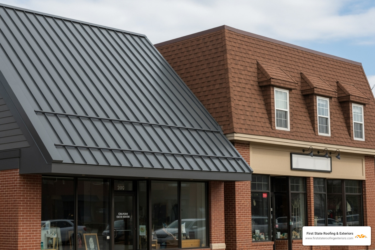 two different metal roof styles (e.g., standing seam vs. metal shingles) on commercial buildings - delaware commercial metal roofing contractors