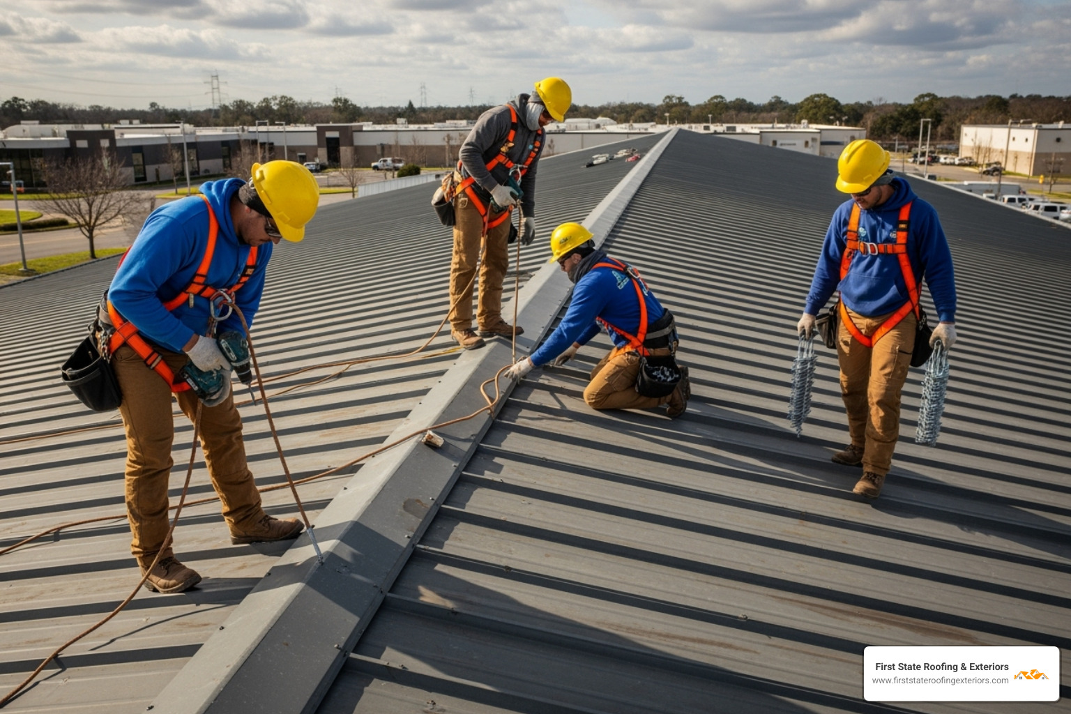 professional roofing crew using safety harnesses and hard hats working on a commercial metal roof - delaware commercial metal roofing contractors