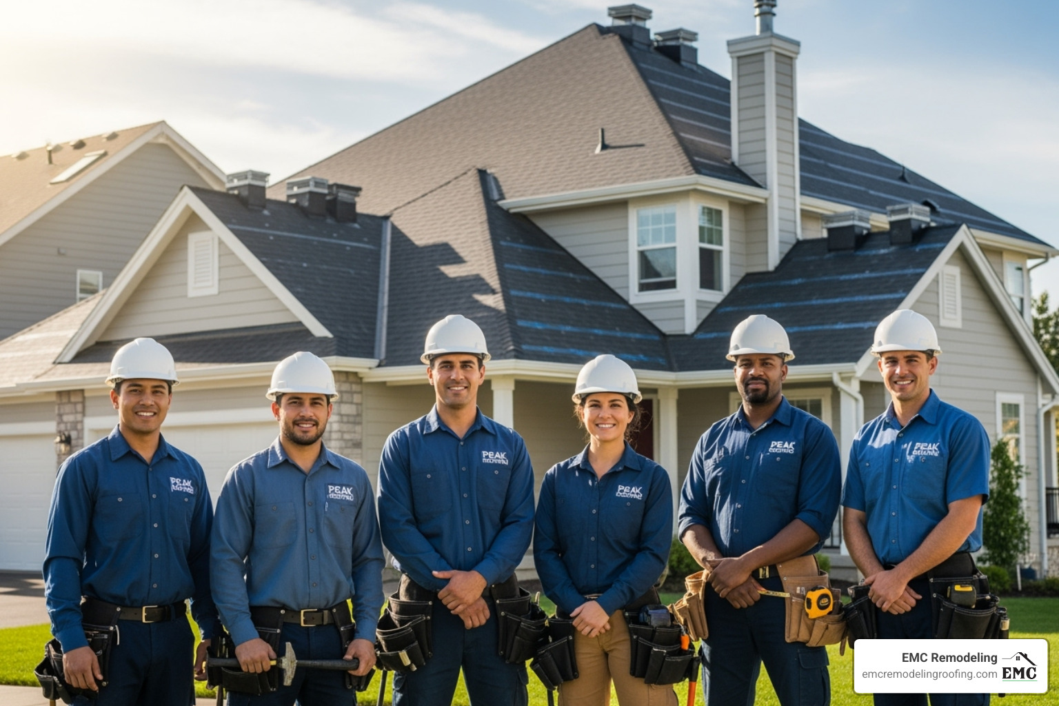 EMC Remodeling team smiling in front of a completed roofing project - local roof repair EMC Remodeling team smiling in front of a completed roofing project - local roof repair